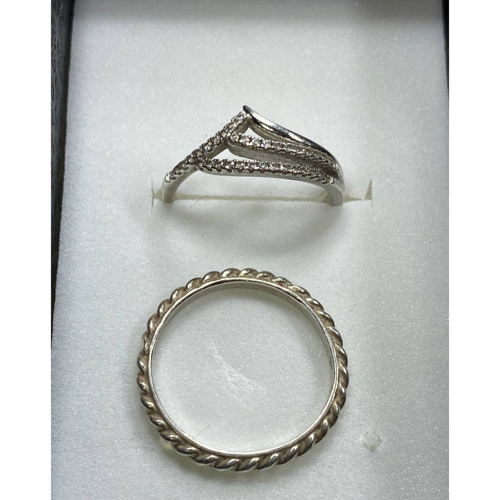 Ladies 2 Set Rings Cubic Zirconia wave w/Rope Sterling Silver 925 Jewelry